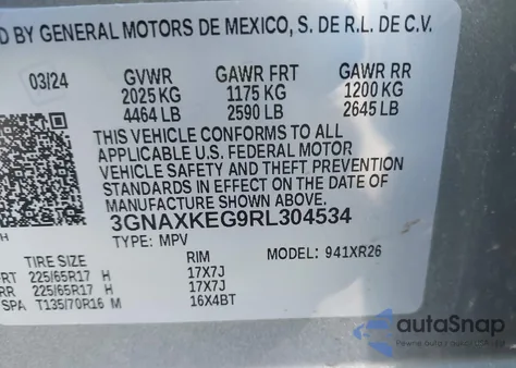 2024 Chevrolet Equinox Fwd Lt из США, поврежденный, VIN 3GNAXKEG9RL304534